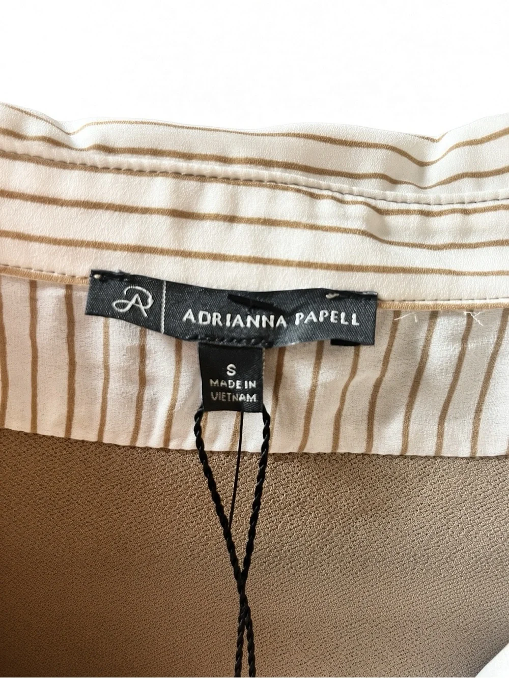 Adrianna Papell Taupe Layered V‑Neck Tunic with Striped Shirt Collar